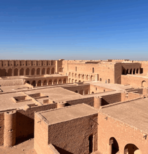 Day Tour Najaf + Kufa from Karbala An aerial view showcases a vast, sandy-colored fortress with multiple levels, arches, and structures under a clear blue sky.