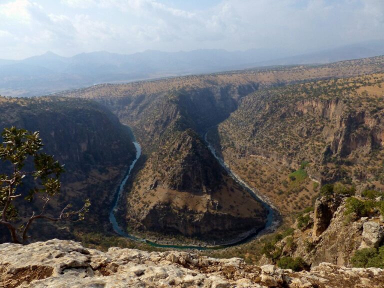 A high-angle shot of a river cutting through a canyon, with mountains in the distance.
